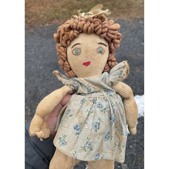 Antique Handmade Ragdoll Embroidered Face 20th C. Vintage Doll Rag Doll Cloth - Picture 2 of 15